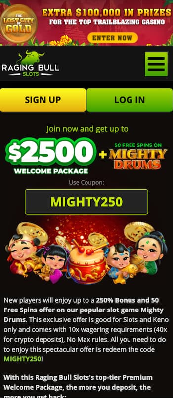 Featured promos on Raging Bull, a top option among free slot machine apps.